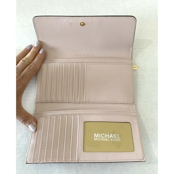 New Michael Kors Jet Set Travel Large Trifold Wallet Leather Powder Blush - Picture 2 of 4